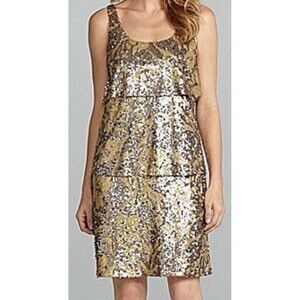 Nwt Antonio Melani Maddy Sequin Dress Womens 4 Gold Tiered Sleeveless Cocktail